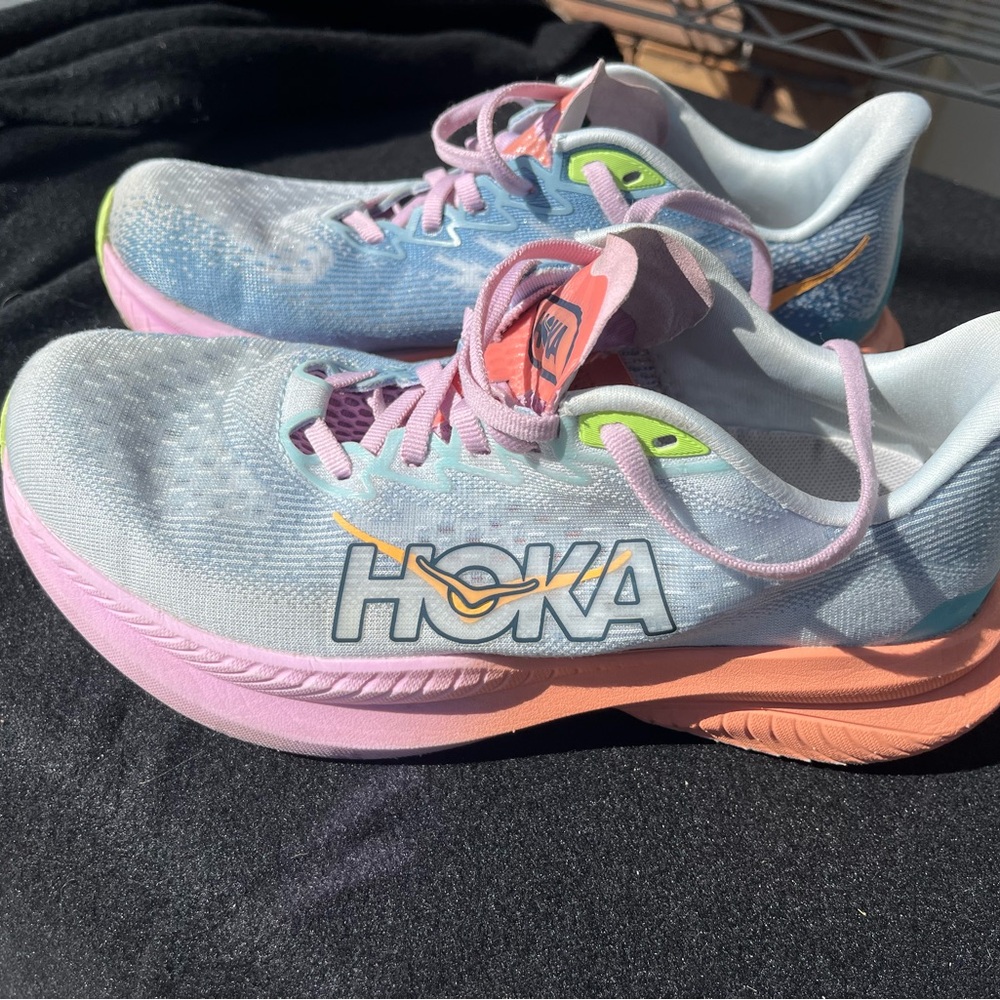 HOKA Mach 6 Women's Running Shoes — Pastel Blue with Pink & Peach Accents